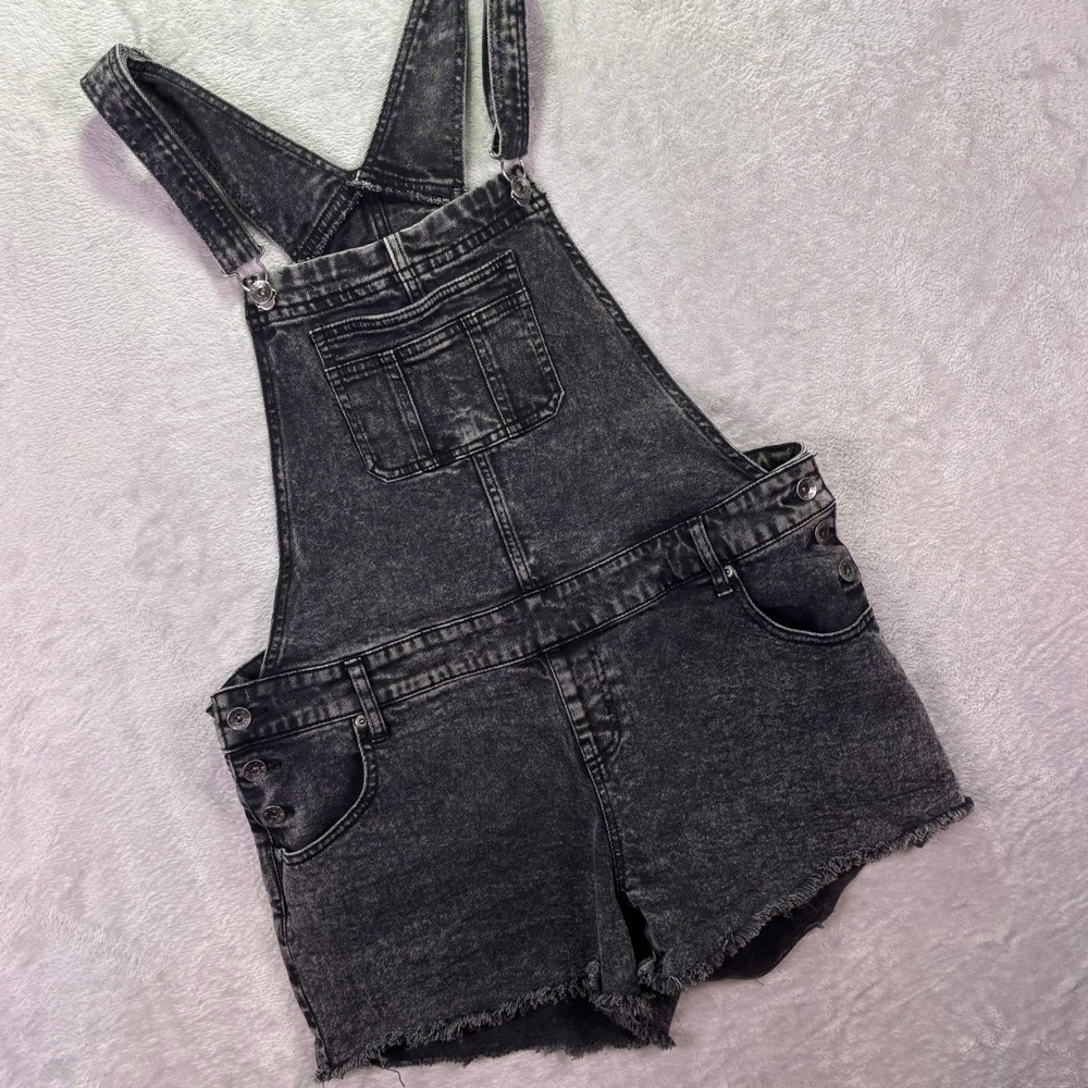 HT Denim Womens Shortall Size 1 Black Acid Wash Raw Hem Skull Detail Overalls